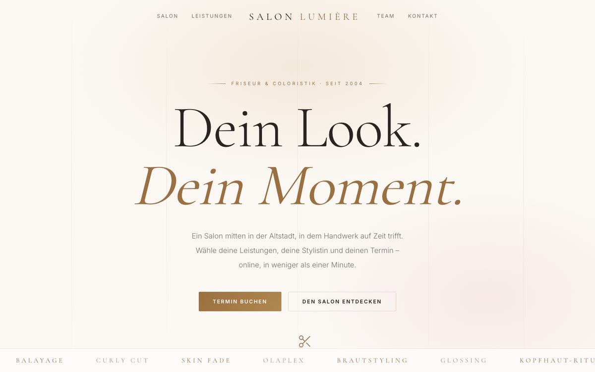 Startseite der Demo-Website eines Friseursalons mit Online-Terminbuchung